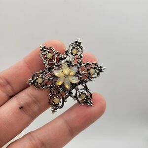 Vintage 60s 70s Filigree Snowflake Star Brooch Opal Glass Stones Silver Tone
